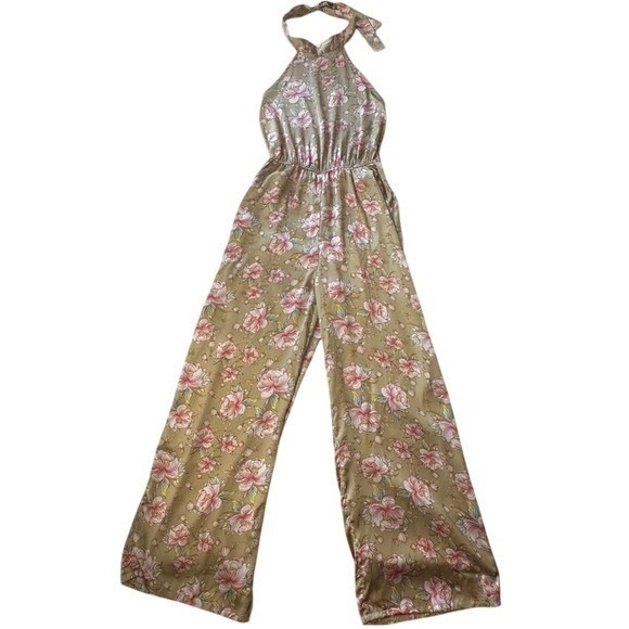 NWT Nasty Gal‎ Pink and Tan Floral Satin Jumpsuit with Pockets - Picture 2 of 9